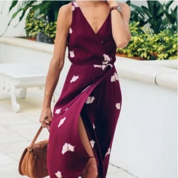 Ann Taylor Summer Blossom Oxblood Maroon Midi Tie Wrap Dress 2P - Picture 9 of 14